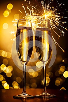 Glasses of champagne on a festive background, party or holiday concept. New Year or Christmas sparkling background. Gold