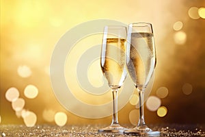 Glasses of champagne on a festive background, party or holiday concept. New Year or Christmas sparkling background. Gold