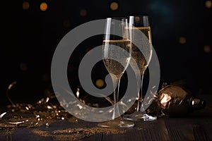 Glasses of champagne on a festive dark background