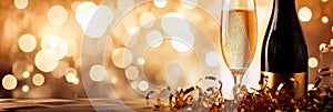 Glasses of champagne on a festive gold bokeh background. New Year or Christmas sparkling horizontal background with copy