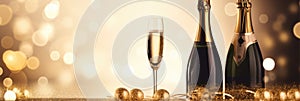 Glasses of champagne on a festive gold bokeh background. New Year or Christmas sparkling horizontal background with copy