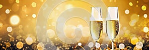 Glasses of champagne on a festive gold bokeh background. New Year or Christmas sparkling horizontal background with copy