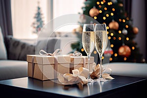 Glasses of champagne with gift box on table in room decorated for Christmas. Selective focus