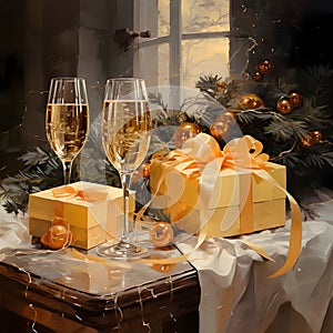 Glasses, champagne gifts and baubles on the table. New Year\'s celebrations