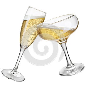 glasses of champagne making toast isolated on white
