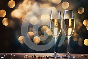 Glasses of champagne at New Year party. Celebration toast. New Year\'s cards. AI generative