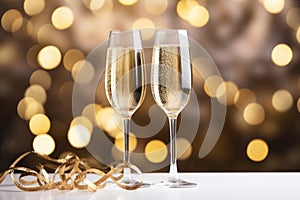 Glasses of champagne at New Year party. Celebration toast. New Year\'s cards. AI generative