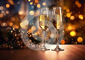 Glasses of champagne on new year\'s eve celebration evening on party bokeh background.Macro.AI Generative