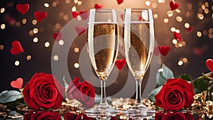 Glasses of champagne with roses for romantic atmosphere. Valentine day romantic background. Generative AI.