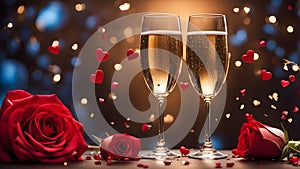 Glasses of champagne with roses for romantic atmosphere. Valentine day romantic background. Generative AI.