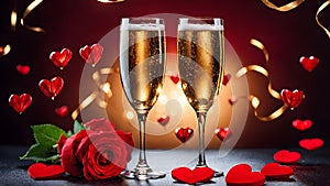 Glasses of champagne with roses for romantic atmosphere. Valentine day romantic background. Generative AI.