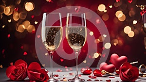 Glasses of champagne with roses for romantic atmosphere. Valentine day romantic background. Generative AI.