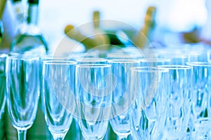 Glasses for the champagne sparkling wine. Celebration party concept.