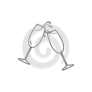 Glasses of champagne. Splashes of champagne. Black and white icon set. Vector illustration.