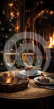 Glasses of champagne stand on the table against the backdrop of a burning fireplace. A festive Christmas evening in