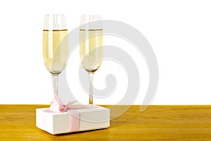 Glasses of champagne Valentines day gift box .