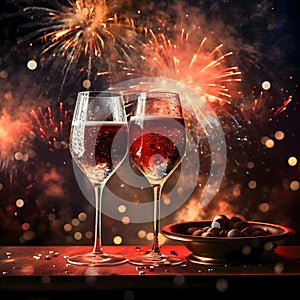 Glasses of champagne, wine. Around confetti, fireworks shots and bokech effect. New Year\'s fun and festiv