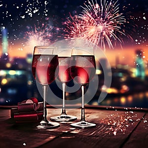 Glasses of champagne, wine. Around confetti, fireworks shots and bokech effect. New Year\'s fun and festiv