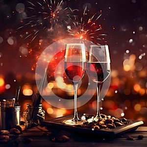 Glasses of champagne, wine. Around confetti, fireworks shots and bokech effect. New Year\'s fun and festiv