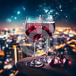 Glasses of champagne, wine. Around confetti, fireworks shots, bokech effect. New Year\'s fun and festiv