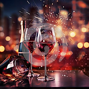 Glasses of champagne, wine. Around confetti, fireworks shots, bokech effect. New Year\'s fun and festiv
