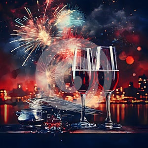 Glasses of champagne, wine. Around confetti, fireworks shots, bokech effect. New Year\'s fun and festiv