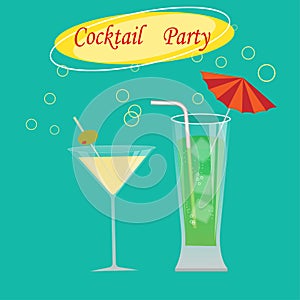 Glasses of cocktails on bright blue background cocktail party