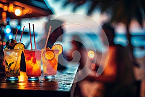 Glasses of cocktails on the table of a beach bar. Sunset, blurry people. Summer holidays travel. Generative AI.