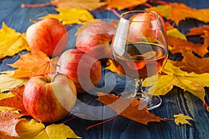 Glasses of cognac on table. It serves fruit brandy.