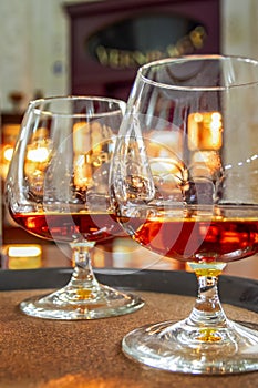 Glasses with cognac. Vintage collection, alcoholic drinks set in classic style.