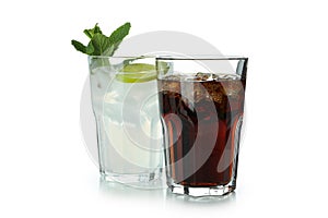 Glasses of cola and mojito isolated on white background
