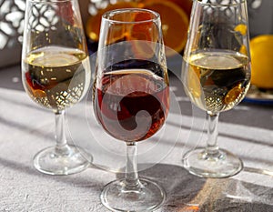 Glasses with cold dry fino and sweet cream sherry fortified wine and orange in sunlights, andalusian style interior on background