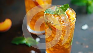Glasses with cold peach ice tea with mint leaves. AI generated.