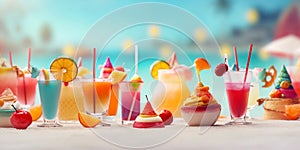 Glasses with cold refreshing summer drinks. Ice lemonade, smoothie and sweet cakes on sand beach over sea water and blue sky