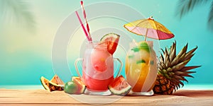 Glasses with cold refreshing summer drinks. Ice lemonade, smoothie and tropical fruits on beach over blurred sea water and blue