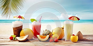 Glasses with cold refreshing summer drinks. Ice lemonade and tropical exotic fruits on sand beach on sky and palm leaf background
