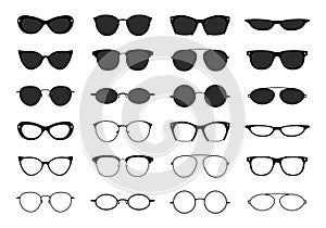 Glasses collection. Geek eyeglasses and sunglasses. Black spectacles silhouette. Vector fashion eyewear icon set