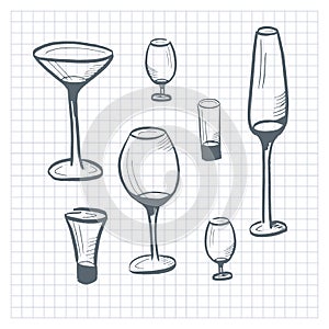 Glasses collection. Set of hand drawn doodle style glasses for alcohol drinks. Vector illustration