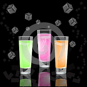 Glasses of colorful drinks with ice cubes, set of summer tropical cocktail isolated on black background