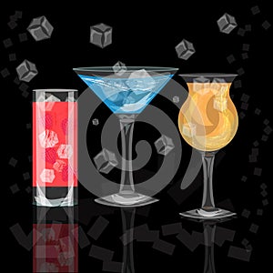 Glasses of colorful drinks with ice cubes, set of summer tropical cocktail isolated on black background