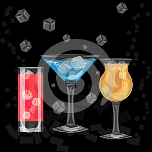 Glasses of colorful drinks with ice cubes, set of summer tropical cocktail isolated on black background