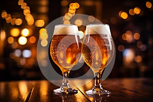 Glasses of craft beer. Two glasses of light beer against a beautiful bokeh background