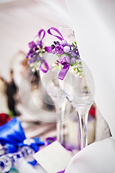Glasses and decoration on wedding table setting