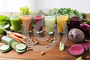 Glasses with different fruit or vegetable juices