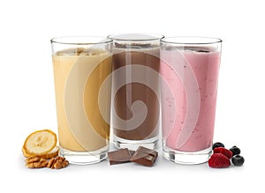 Glasses with different protein shakes and ingredients