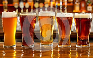 Glasses with different sorts of craft beer on wooden bar