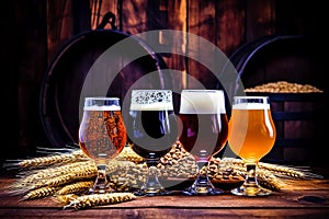 Glasses with different sorts of craft beer, wooden barrel and barley ears on brick wall background. Generative AI