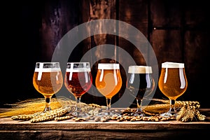 Glasses with different sorts of craft beer, wooden barrel and barley ears on brick wall background. Generative AI