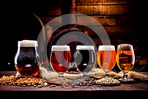 Glasses with different sorts of craft beer, wooden barrel and barley ears on brick wall background. Generative AI