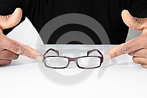 Glasses on display at an optician shop stock photo